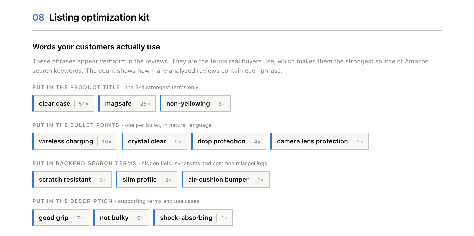 Customer keywords from the sample report, with how many reviews use each one