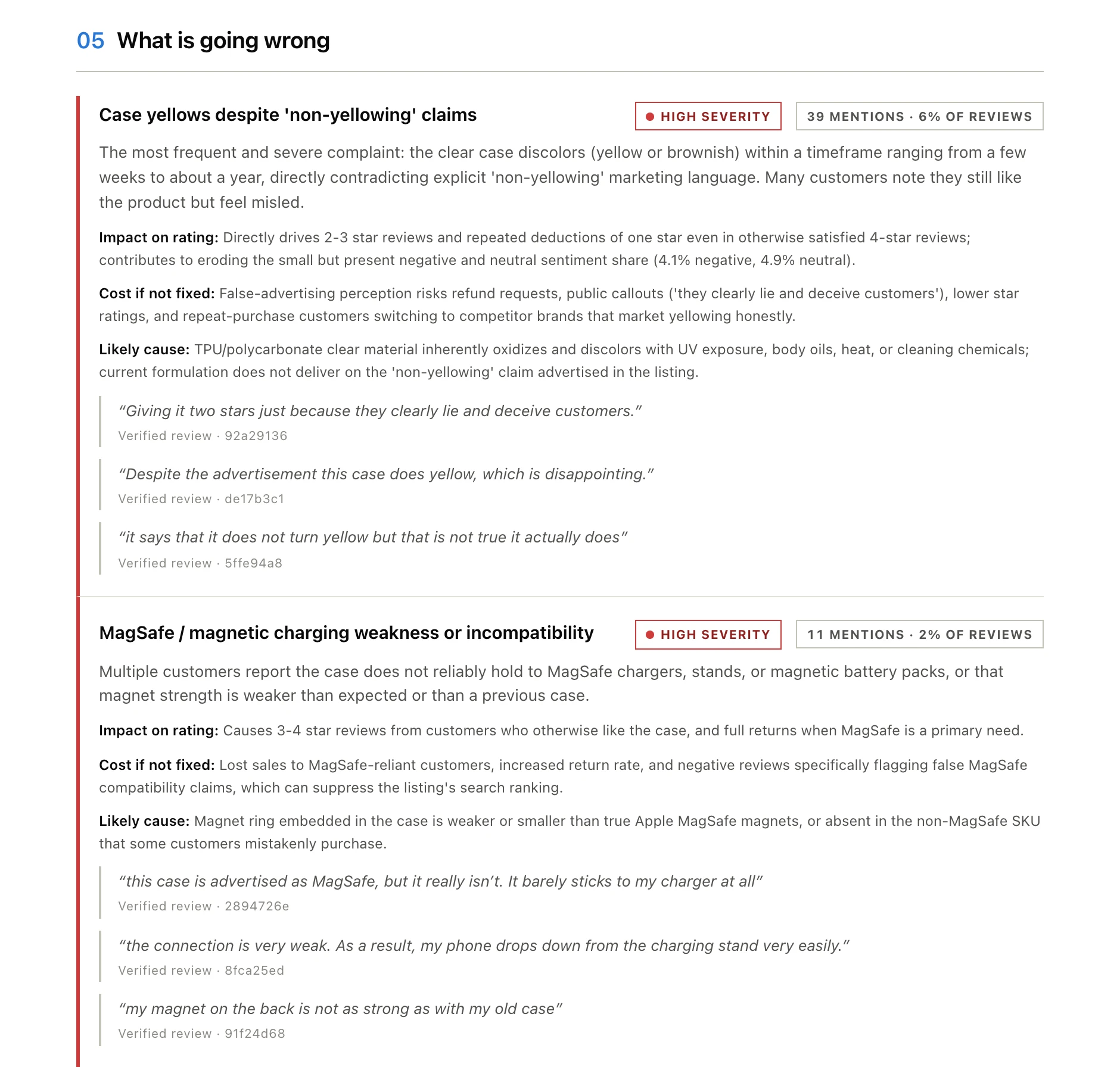 The problems page of the sample report: the yellowing complaint, how often it appears, its cause and buyer quotes